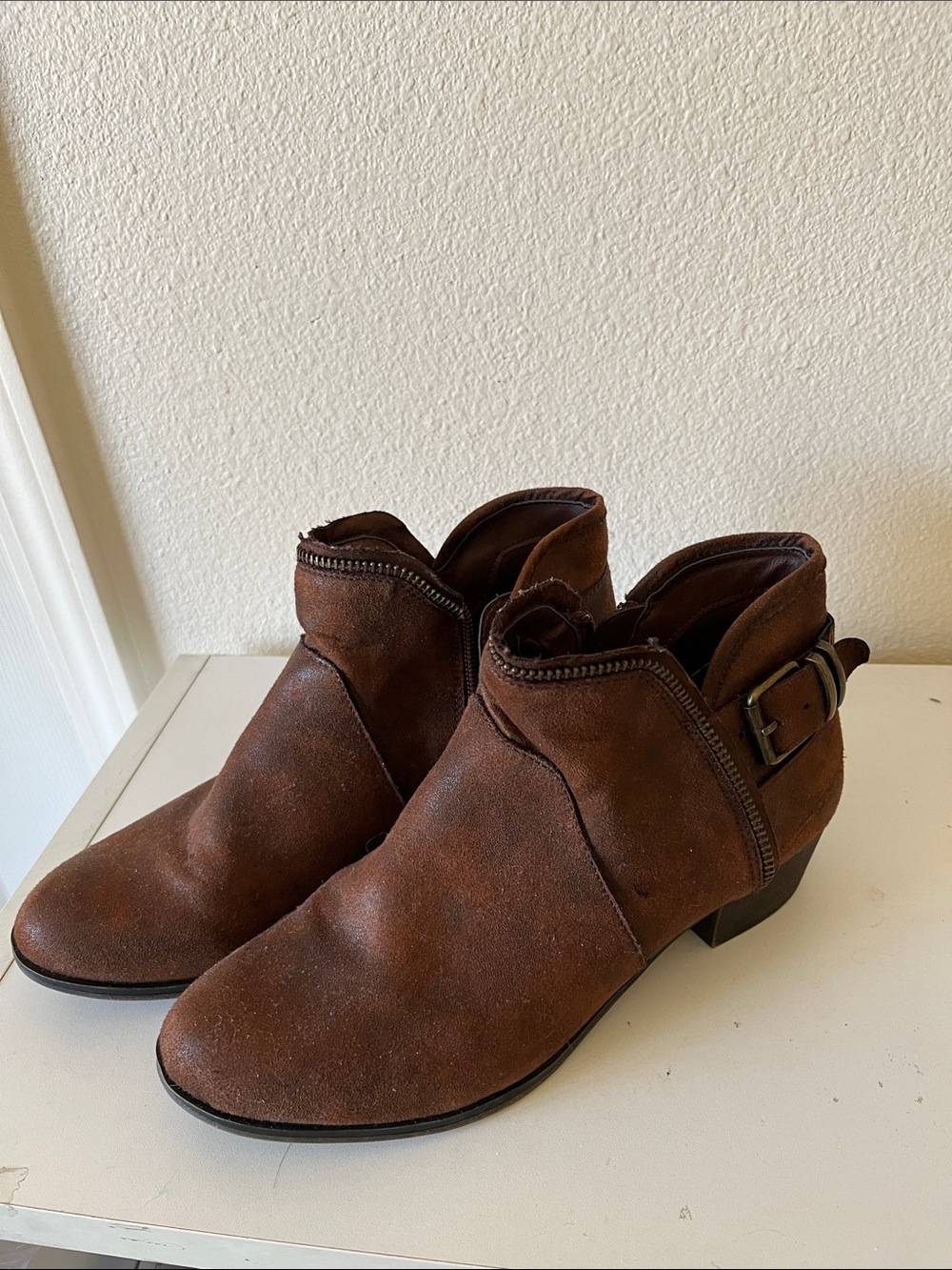 Women's Brown Leather Ankle Booties with Buckle